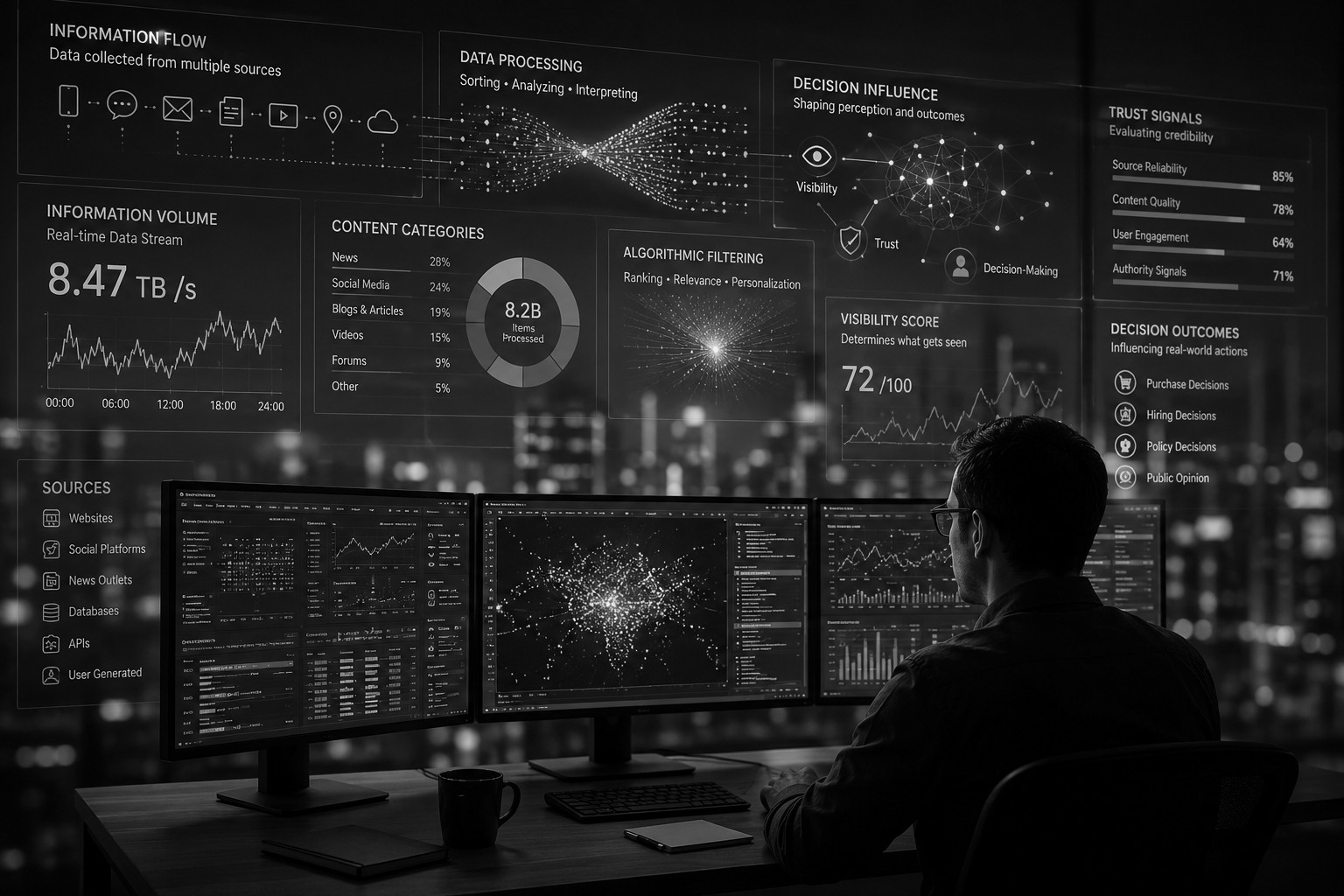 Modern digital systems processing large amounts of information and influencing visibility, trust and decision-making.