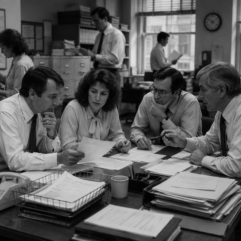 People working in a pre-digital office environment, highlighting how interpretation has always shaped decisions and outcomes.
